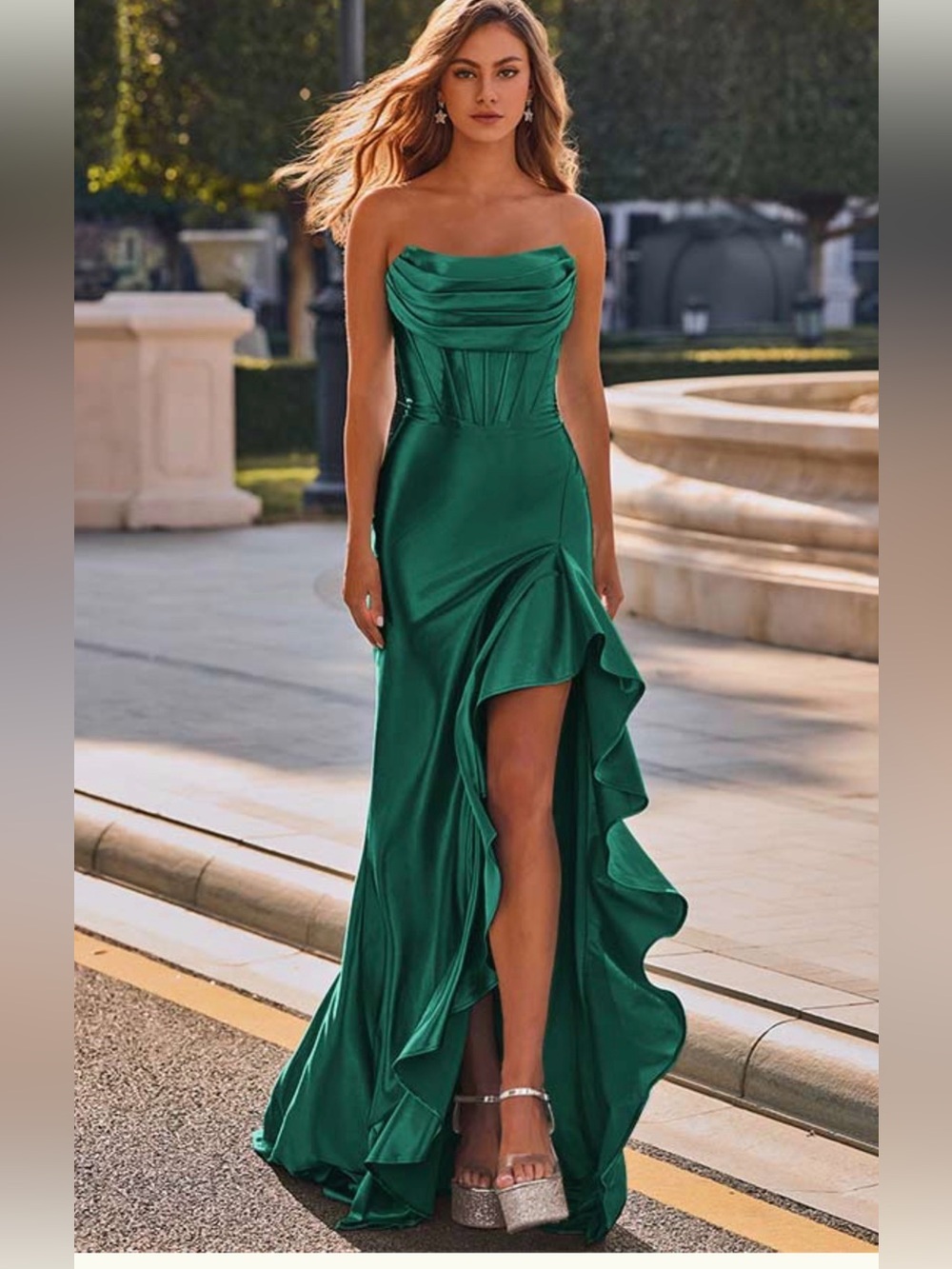 Stacees Strapless Emerald Green Ruffle Evening Gown